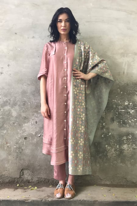 I Am Design_Blue Satin Linen Ikat Kurta Set _Online_at_Aza_Fashions