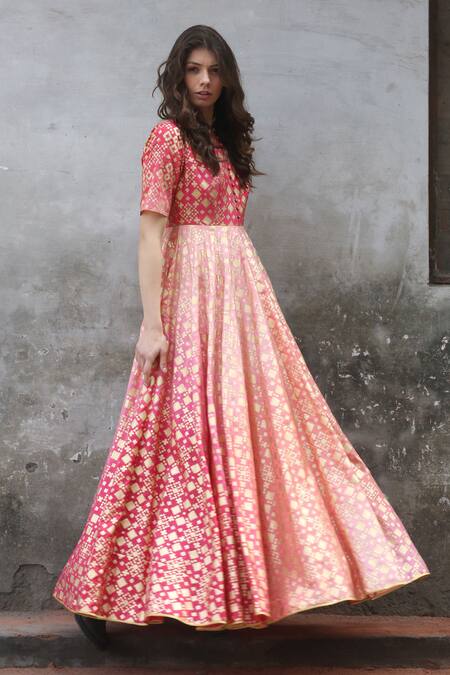Buy_I Am Design_Pink Ikat Round Ombre Print Gown _Online_at_Aza_Fashions