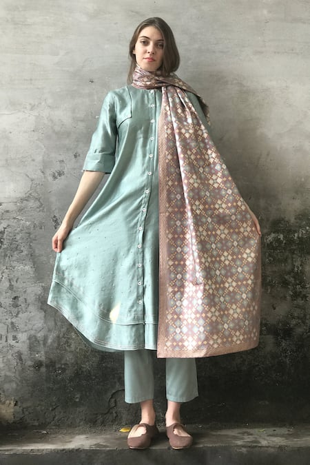 Buy_I Am Design_Green Ikat Satin Linen Embroidered Kurta Set _Online_at_Aza_Fashions