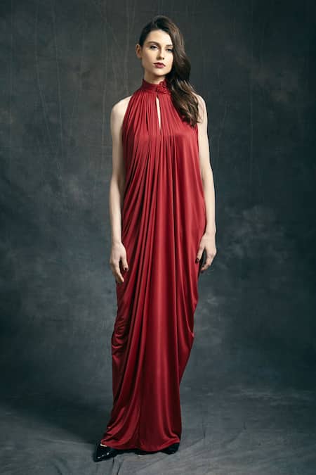 Mandira Wirk Red Halter Draped Maxi Dress For Women