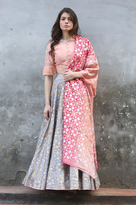 I Am Design_Grey Silk Round Printed And Embroidered Lehenga Set _Online_at_Aza_Fashions