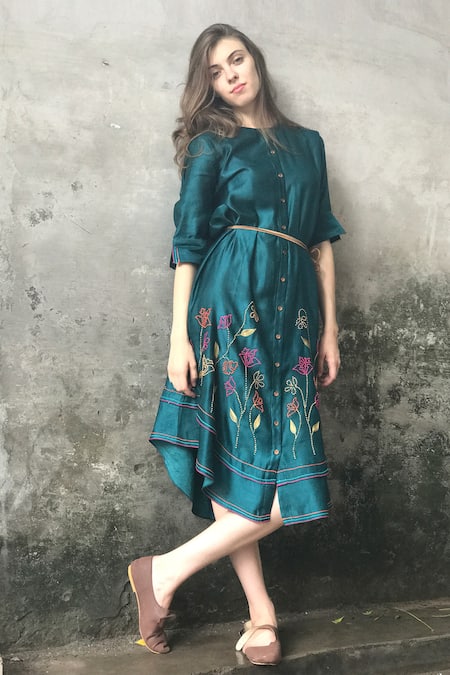 Buy_I Am Design_Green Satin Linen Embroidered Kurta Set _Online_at_Aza_Fashions