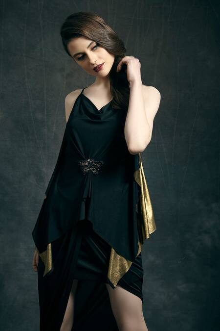 Mandira Wirk - Indian Black Cowl Draped High Low Dress 2
