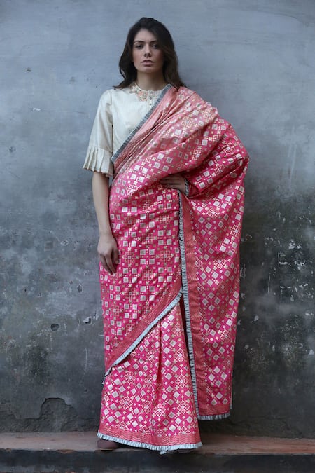 I Am Design Pink Shaded Woven Saree With Frilly Border And Blouse Online at Aza Fashions I Am Design_Pink Shaded Woven Saree With Frilly Border And Blouse _Online_at_Aza_Fashions