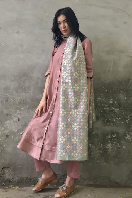 Buy_I Am Design_Blue Satin Linen Ikat Kurta Set _Online_at_Aza_Fashions