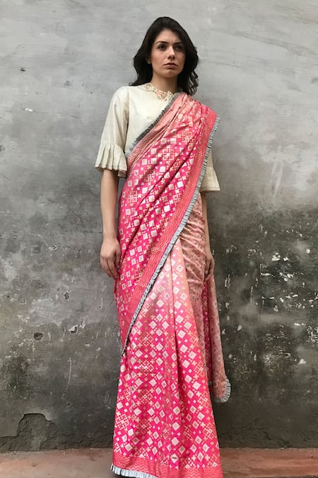 Shop I Am Design Pink Shaded Woven Saree With Frilly Border And Blouse Online at Aza Fashions Shop_I Am Design_Pink Shaded Woven Saree With Frilly Border And Blouse _Online_at_Aza_Fashions