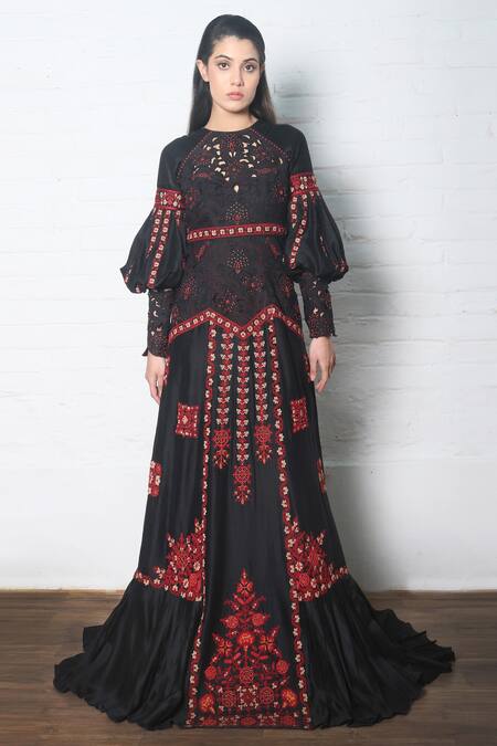 Chandrima_Black Chanderi Round Gown _Online_at_Aza_Fashions