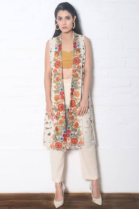 Buy_Chandrima_White Kala Cotton Flap Collar Embroidered Long Jacket _Online_at_Aza_Fashions