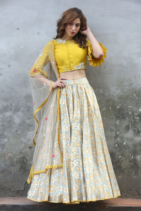 I Am Design Yellow Silk, Net Round Printed And Embroidered Lehenga Set Online at Aza Fashions I Am Design_Yellow Silk, Net Round Printed And Embroidered Lehenga Set _Online_at_Aza_Fashions