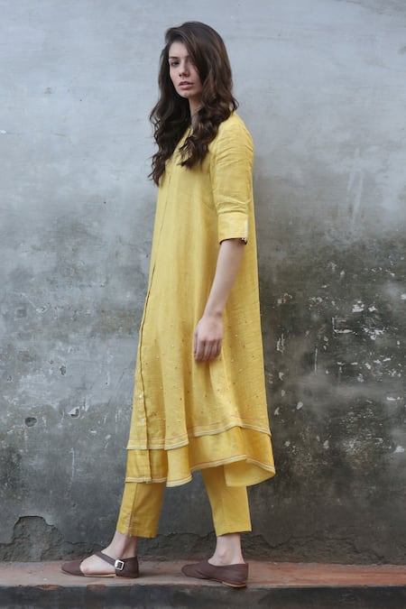 Shop_I Am Design_Yellow Satin Linen Kurta Set _Online_at_Aza_Fashions