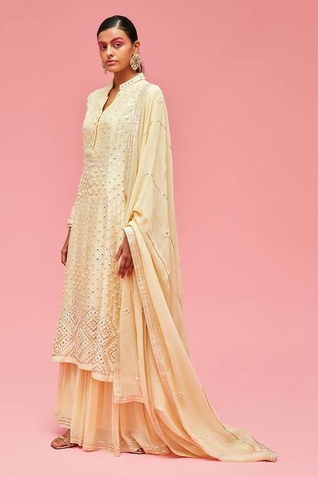Nachiket Barve Yellow Dupatta Tulle, Gharara Georgette, Kurta Mirror Embroidered Set Online at Aza Fashions Nachiket Barve_Yellow Dupatta Tulle, Gharara Georgette, Kurta Mirror Embroidered Set _Online_at_Aza_Fashions