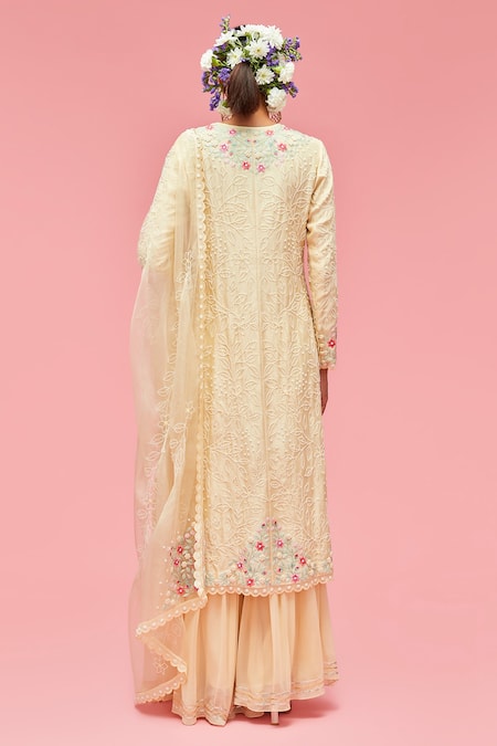 Shop Nachiket Barve Yellow Dupatta Organza, Gharara Georgette, Kurta Floral Embroidered Set at Aza Fashions Shop_Nachiket Barve_Yellow Dupatta Organza, Gharara Georgette, Kurta Floral Embroidered Set _at_Aza_Fashions