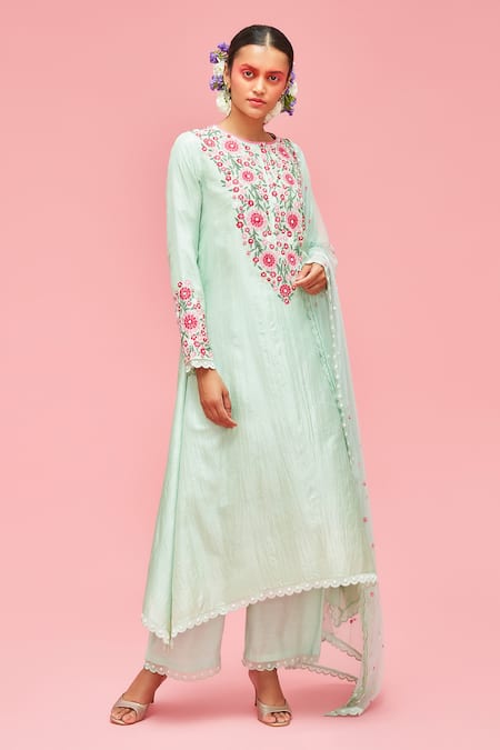 Nachiket Barve Green Kurta Chanderi Round Floral Embroidered Set