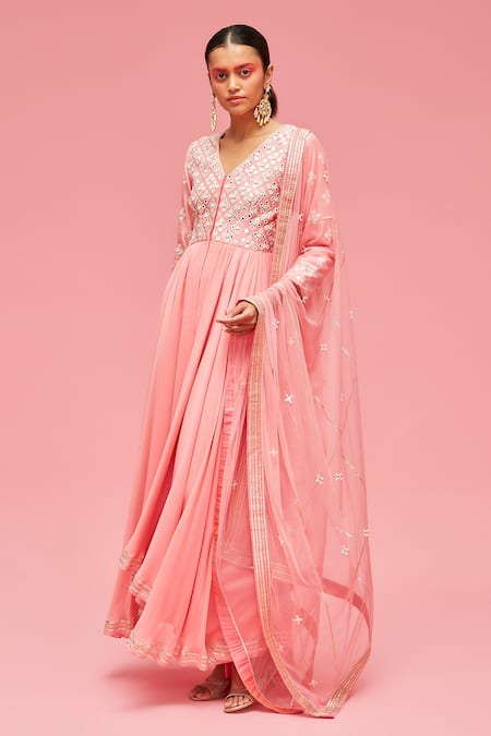 Nachiket Barve Peach Dupatta Tulle, Kurta Georgette, Palazzo Mirror Embroidered Anarkali Set 