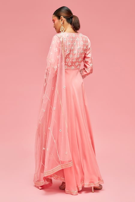 Shop Nachiket Barve Peach Dupatta Tulle, Kurta Georgette, Palazzo Mirror Embroidered Anarkali Set at Aza Fashions Shop_Nachiket Barve_Peach Dupatta Tulle, Kurta Georgette, Palazzo Mirror Embroidered Anarkali Set _at_Aza_Fashions