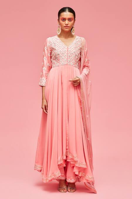 Nachiket Barve Peach Dupatta Tulle, Kurta Georgette, Palazzo Mirror Embroidered Anarkali Set Online at Aza Fashions Nachiket Barve_Peach Dupatta Tulle, Kurta Georgette, Palazzo Mirror Embroidered Anarkali Set _Online_at_Aza_Fashions
