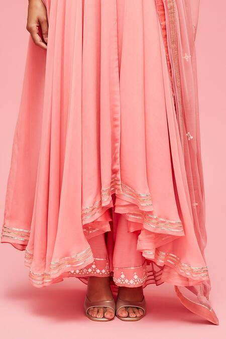 Shop Nachiket Barve Peach Dupatta Tulle, Kurta Georgette, Palazzo Mirror Embroidered Anarkali Set Online at Aza Fashions Shop_Nachiket Barve_Peach Dupatta Tulle, Kurta Georgette, Palazzo Mirror Embroidered Anarkali Set _Online_at_Aza_Fashions