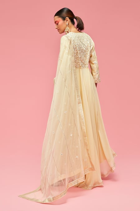 Shop Nachiket Barve Yellow Dupatta Tulle, Kurta Georgette, Palazzo Mirror Embroidered Anarkali Set at Aza Fashions Shop_Nachiket Barve_Yellow Dupatta Tulle, Kurta Georgette, Palazzo Mirror Embroidered Anarkali Set _at_Aza_Fashions