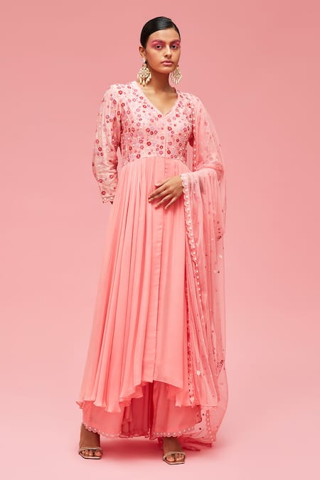 Nachiket Barve Peach Dupatta Tulle, Kurta Georgette, Lining Floral Embroidered Anarkali Set 