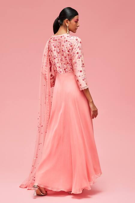 Shop Nachiket Barve Peach Dupatta Tulle, Kurta Georgette, Lining Floral Embroidered Anarkali Set at Aza Fashions Shop_Nachiket Barve_Peach Dupatta Tulle, Kurta Georgette, Lining Floral Embroidered Anarkali Set _at_Aza_Fashions