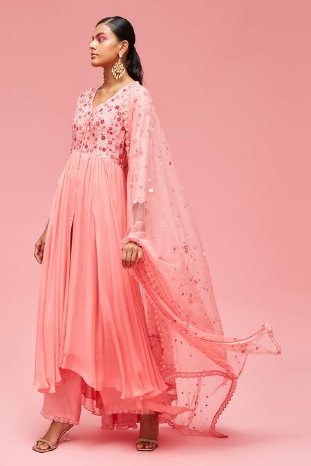 Nachiket Barve Peach Dupatta Tulle, Kurta Georgette, Lining Floral Embroidered Anarkali Set Online at Aza Fashions Nachiket Barve_Peach Dupatta Tulle, Kurta Georgette, Lining Floral Embroidered Anarkali Set _Online_at_Aza_Fashions