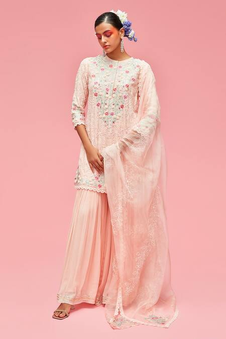 Nachiket Barve Peach Dupatta Organza, Gharara Georgette, Kurta Floral Embroidered Set 