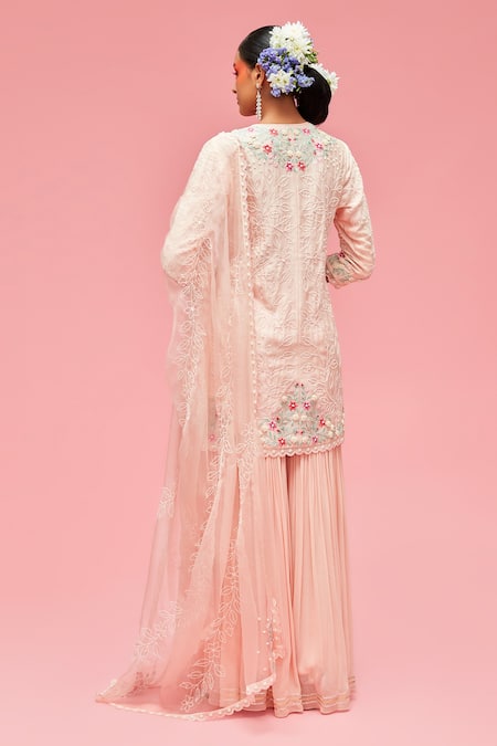 Shop Nachiket Barve Peach Dupatta Organza, Gharara Georgette, Kurta Floral Embroidered Set at Aza Fashions Shop_Nachiket Barve_Peach Dupatta Organza, Gharara Georgette, Kurta Floral Embroidered Set _at_Aza_Fashions