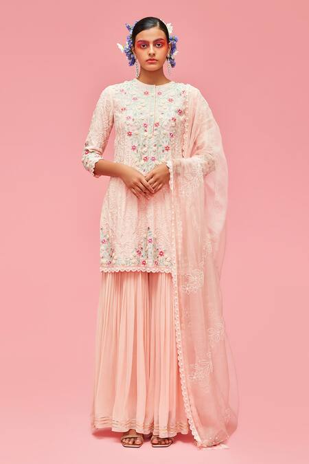 Nachiket Barve Peach Dupatta Organza, Gharara Georgette, Kurta Floral Embroidered Set Online at Aza Fashions Nachiket Barve_Peach Dupatta Organza, Gharara Georgette, Kurta Floral Embroidered Set _Online_at_Aza_Fashions