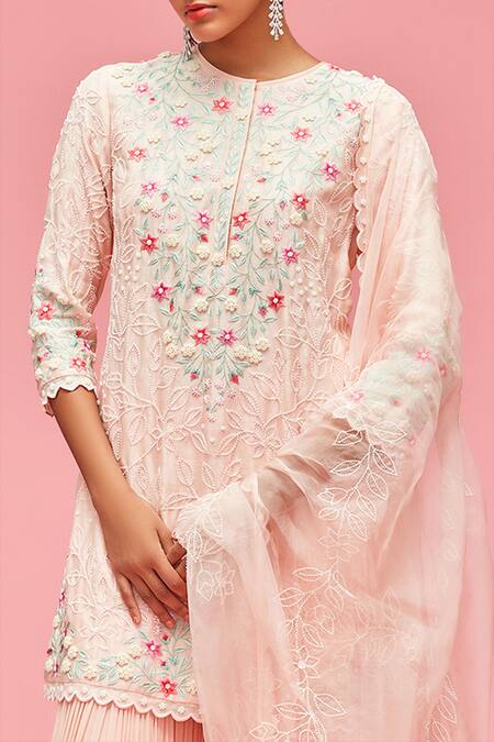 Shop Nachiket Barve Peach Dupatta Organza, Gharara Georgette, Kurta Floral Embroidered Set Online at Aza Fashions Shop_Nachiket Barve_Peach Dupatta Organza, Gharara Georgette, Kurta Floral Embroidered Set _Online_at_Aza_Fashions
