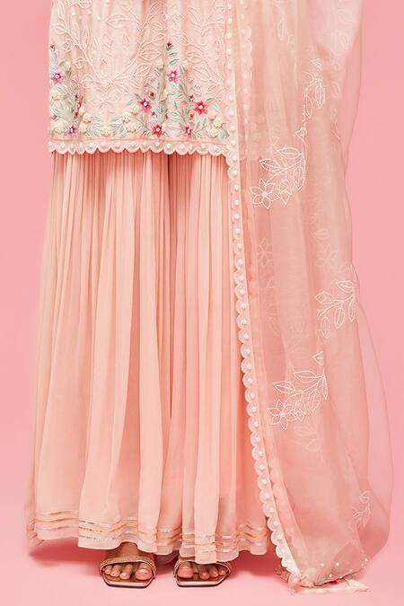 Nachiket Barve Peach Dupatta Organza, Gharara Georgette, Kurta Floral Embroidered Set at Aza Fashions Nachiket Barve_Peach Dupatta Organza, Gharara Georgette, Kurta Floral Embroidered Set _at_Aza_Fashions