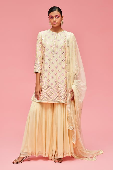 Nachiket Barve Yellow Dupatta Tulle, Gharara Georgette, Kurta Mirror Embroidered Set 