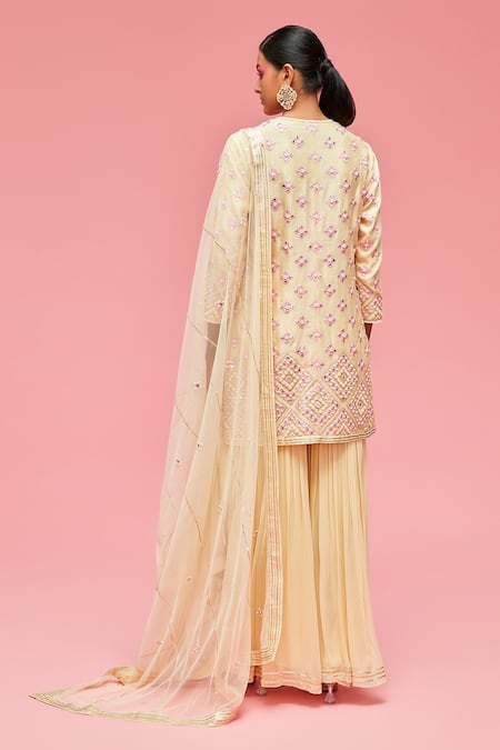 Shop Nachiket Barve Yellow Dupatta Tulle, Gharara Georgette, Kurta Mirror Embroidered Set at Aza Fashions Shop_Nachiket Barve_Yellow Dupatta Tulle, Gharara Georgette, Kurta Mirror Embroidered Set _at_Aza_Fashions