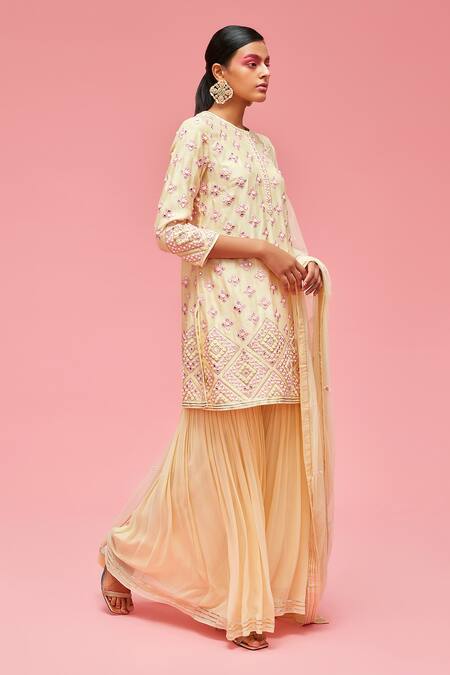 Nachiket Barve Yellow Dupatta Tulle, Gharara Georgette, Kurta Mirror Embroidered Set Online at Aza Fashions Nachiket Barve_Yellow Dupatta Tulle, Gharara Georgette, Kurta Mirror Embroidered Set _Online_at_Aza_Fashions