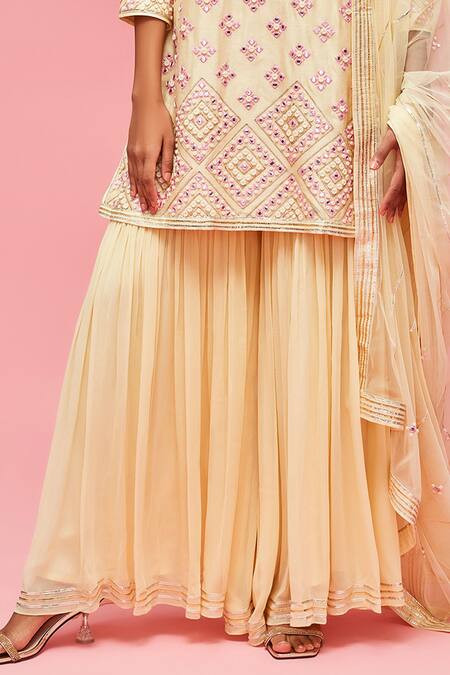 Shop Nachiket Barve Yellow Dupatta Tulle, Gharara Georgette, Kurta Mirror Embroidered Set Online at Aza Fashions Shop_Nachiket Barve_Yellow Dupatta Tulle, Gharara Georgette, Kurta Mirror Embroidered Set _Online_at_Aza_Fashions