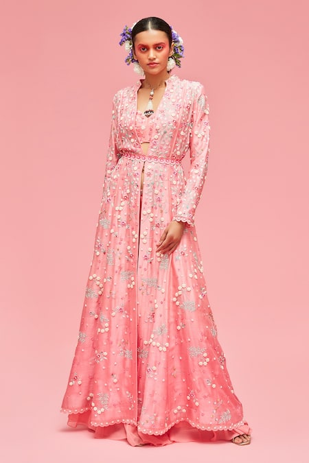 Nachiket Barve Peach Jacket And Bustier Chanderi, Lining Shantoon, Sharara Embroidered & Set 
