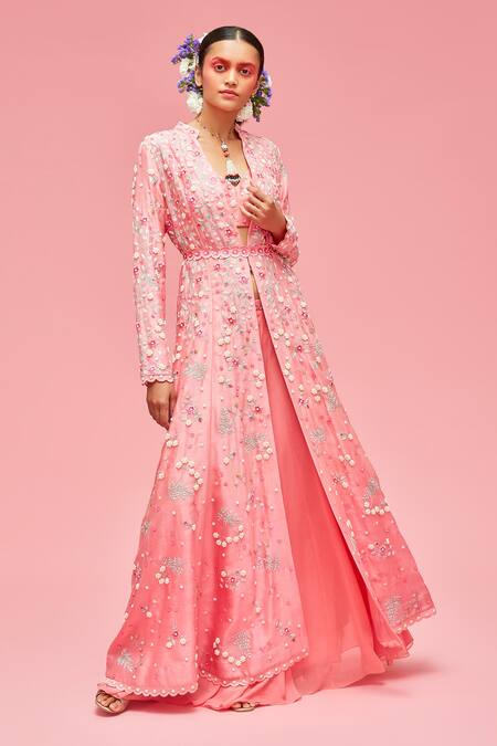 Nachiket Barve Peach Jacket And Bustier Chanderi, Lining Shantoon, Sharara Embroidered & Set Online at Aza Fashions Nachiket Barve_Peach Jacket And Bustier Chanderi, Lining Shantoon, Sharara Embroidered & Set _Online_at_Aza_Fashions