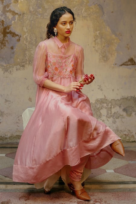 Shop_Chokhi Chorri_Pink Silk Chanderi Shirt Collar Embroidered Anarkali Set _at_Aza_Fashions
