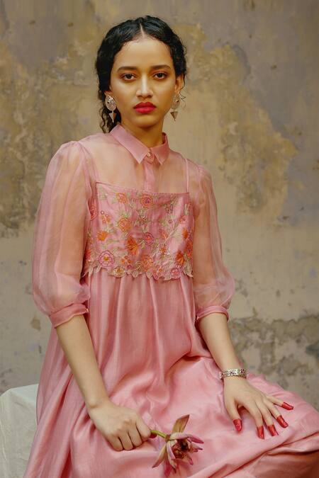 Chokhi Chorri_Pink Silk Chanderi Shirt Collar Embroidered Anarkali Set _Online_at_Aza_Fashions