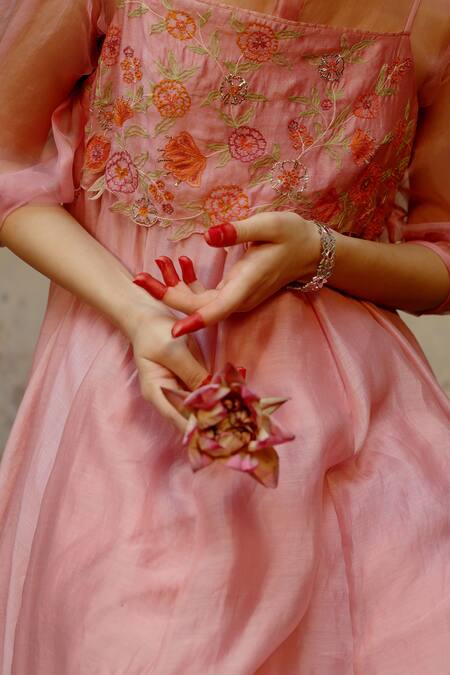 Buy_Chokhi Chorri_Pink Silk Chanderi Shirt Collar Embroidered Anarkali Set _Online_at_Aza_Fashions