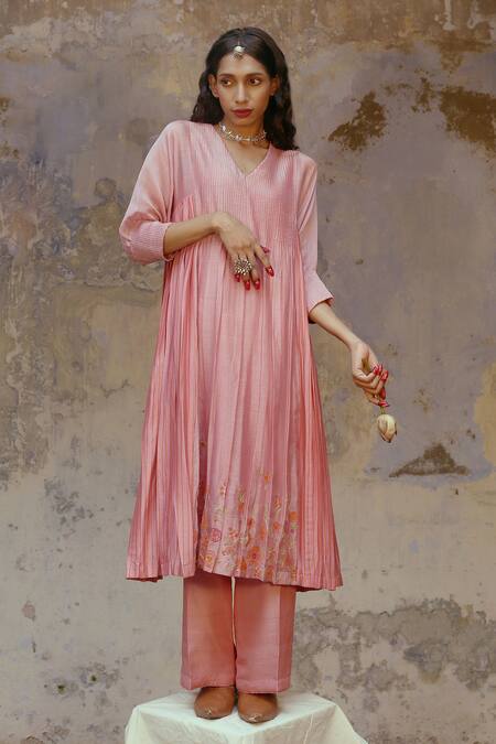 Chokhi Chorri_Pink Silk Chanderi V Neck Anarkali And Pant Set _Online_at_Aza_Fashions