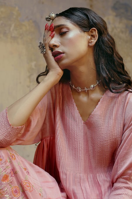 Shop_Chokhi Chorri_Pink Silk Chanderi V Neck Anarkali And Pant Set _Online_at_Aza_Fashions