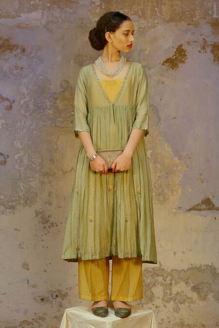 Shop_Chokhi Chorri_Yellow Chanderi Round Jacket And Pant Set _at_Aza_Fashions