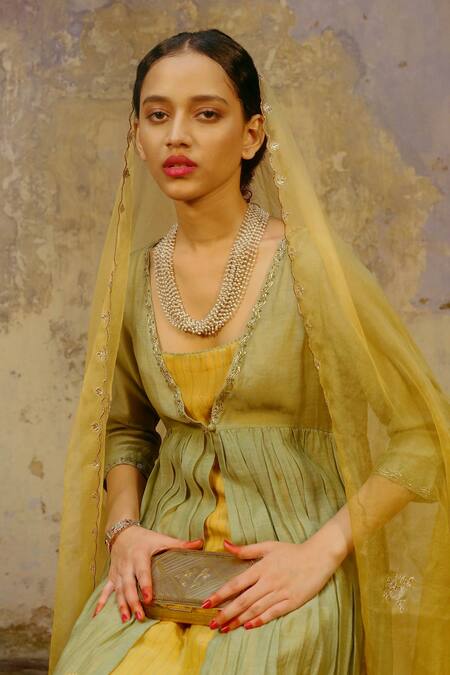 Chokhi Chorri_Yellow Chanderi Round Jacket And Pant Set _Online_at_Aza_Fashions