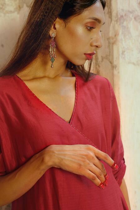 Chokhi Chorri_Red Silk Chanderi V Neck Angrakha And Pant Set _Online_at_Aza_Fashions