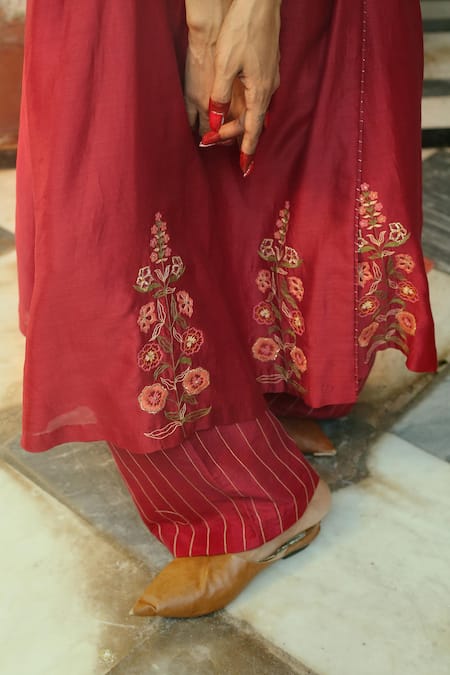 Buy_Chokhi Chorri_Red Silk Chanderi V Neck Angrakha And Pant Set _Online_at_Aza_Fashions