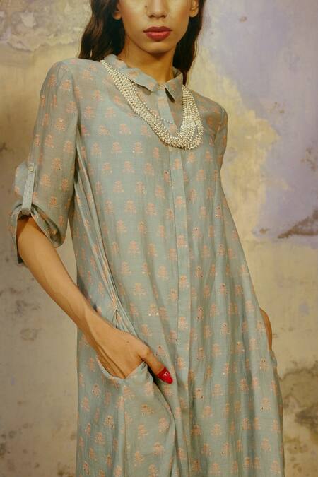 Chokhi Chorri_Blue Malai Chanderi Shirt Collar Printed Dress _Online_at_Aza_Fashions