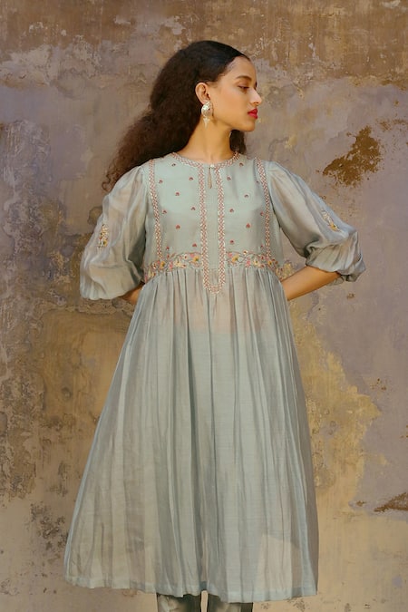 Shop Chokhi Chorri Blue Silk Chanderi V Neck Anarkali And Pant Set at Aza Fashions Shop_Chokhi Chorri_Blue Silk Chanderi V Neck Anarkali And Pant Set _at_Aza_Fashions