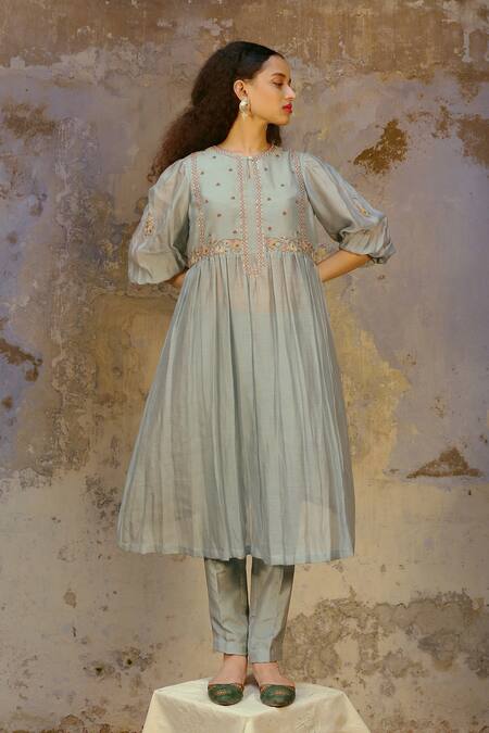 Chokhi Chorri_Blue Silk Chanderi V Neck Anarkali And Pant Set _Online_at_Aza_Fashions