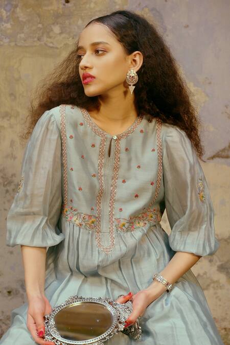 Buy_Chokhi Chorri_Blue Silk Chanderi V Neck Anarkali And Pant Set _Online_at_Aza_Fashions