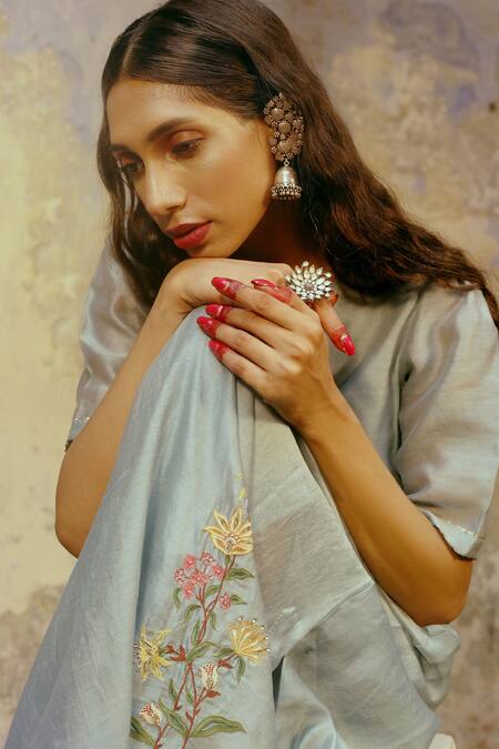 Chokhi Chorri_Blue Silk Chanderi Round Embroidered Dress _Online_at_Aza_Fashions